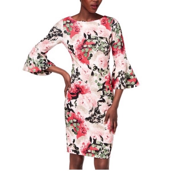 Calvin Klein‎ Pink Red Colorful Floral Bell Sleeve Stretch Sheath Dress Size 8 - Picture 1 of 10